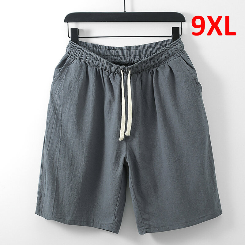 Pantalones cortos de lino para hombre, Shorts informales a la moda, talla grande 9XL, cintura elástica, Color sólido, Verano