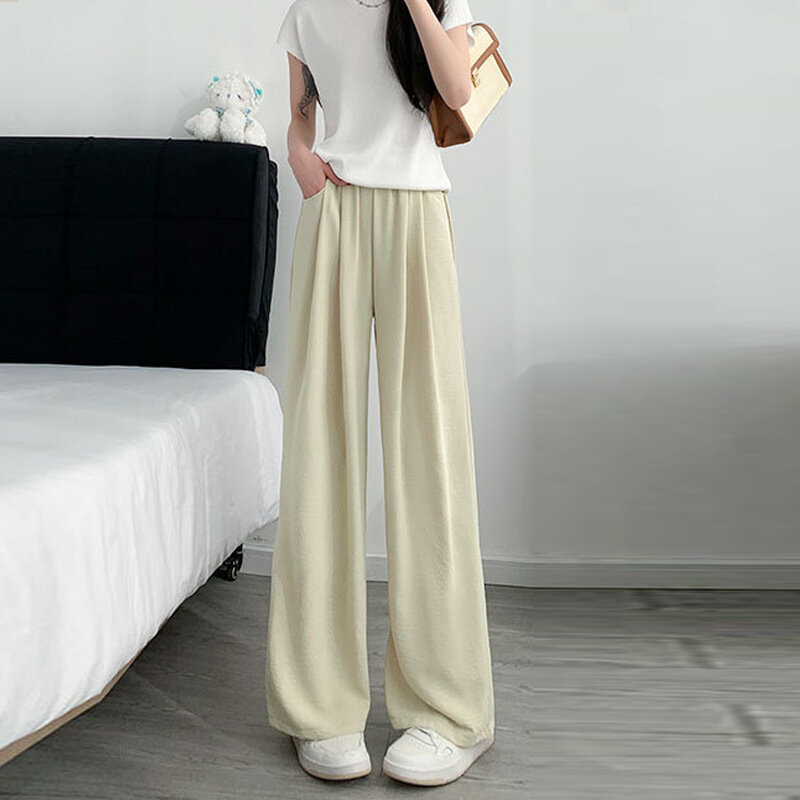Women Ice Silk Wide Leg Pants Solid Color 2024 Spring Summer Lady High Waist Loose Straight Trousers Female Casual Elastic Pants