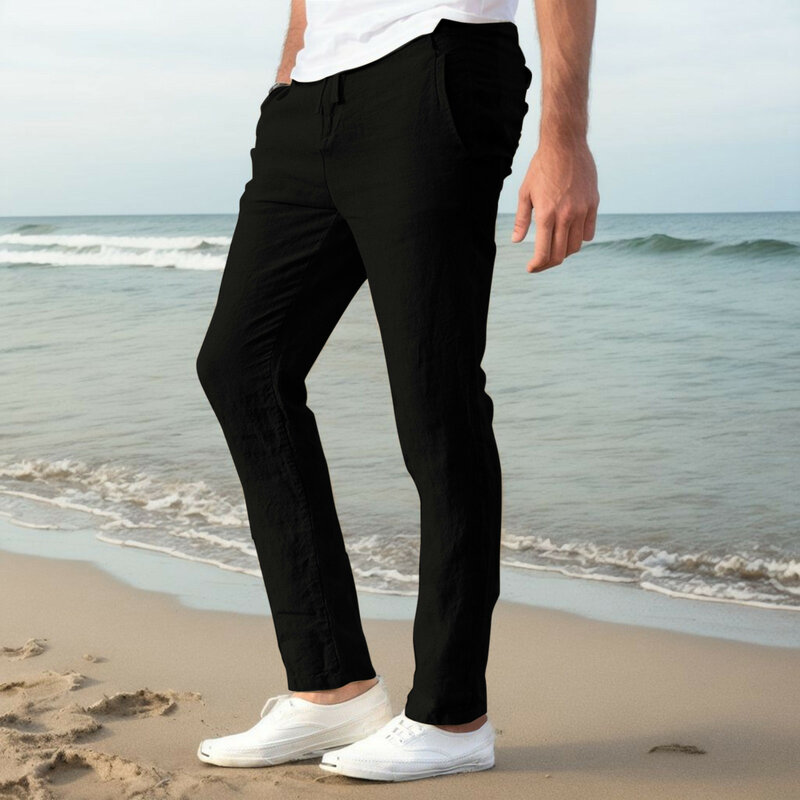 Celana panjang longgar pria, gaya katun Linen celana panjang longgar kargo Hip Hop luar ruangan celana panjang ukuran besar pakaian olahraga laki-laki