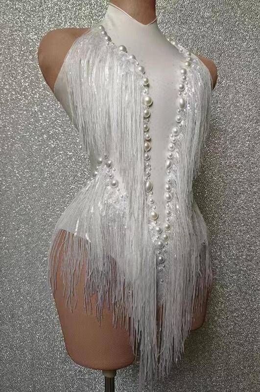 여성 나이트 클럽 복장 가수 댄서 의상 무대 착용 섹시한 공연 바디 슈트, 반짝이는 라인석 장식 조각, 술 레오타드