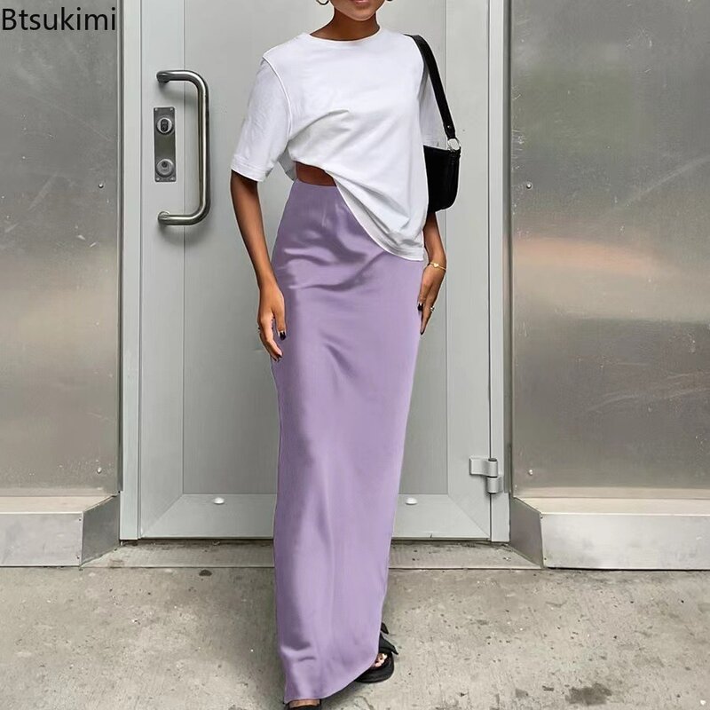 2024 Women's High Waist Long Skirt Solid Temperament Slim Wrap Hip Midi Skirt Autumn Winter Clothes Streetwear Satin Skirt Dress