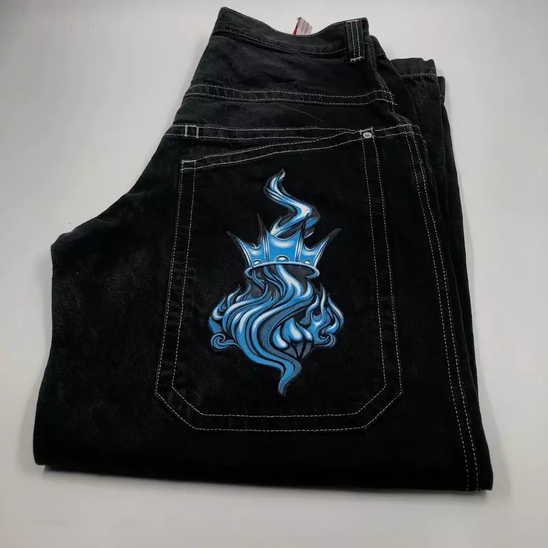 Джинсы Y2k черные для мужчин и женщин, уличная одежда в стиле Харадзюку, в стиле хип-хоп, с графическим принтом, готические мешковатые джинсы с завышенной талией и широкими штанинами