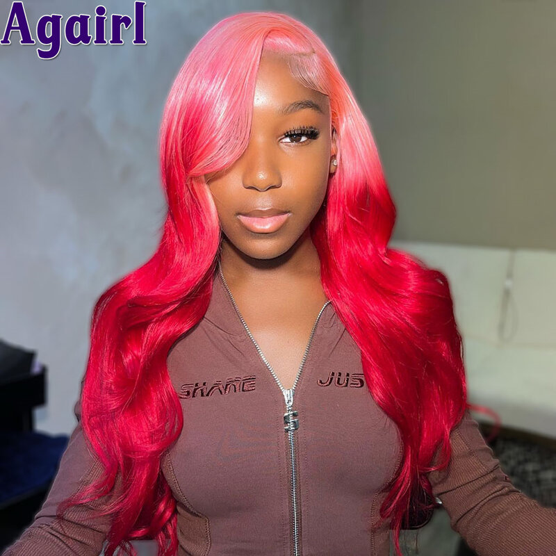 Ombre Pink Red 13X6 Lace Front Body Wave Wig 100% Human Hair Transparent 13x4 Lace Frontal Wig 200 Density PrePlucked for Women