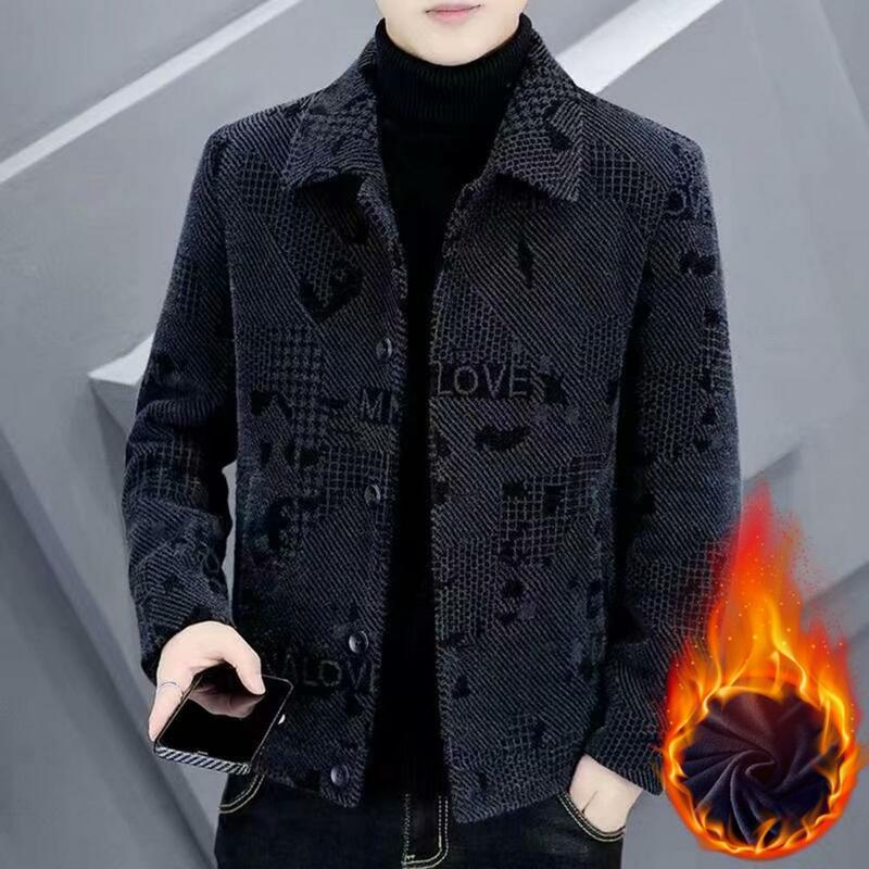 Men Fall Winter Coat Long Sleeve Thick Warm Lapel Single-breasted Windproof Buttons Mid Length Men Casual Jacket