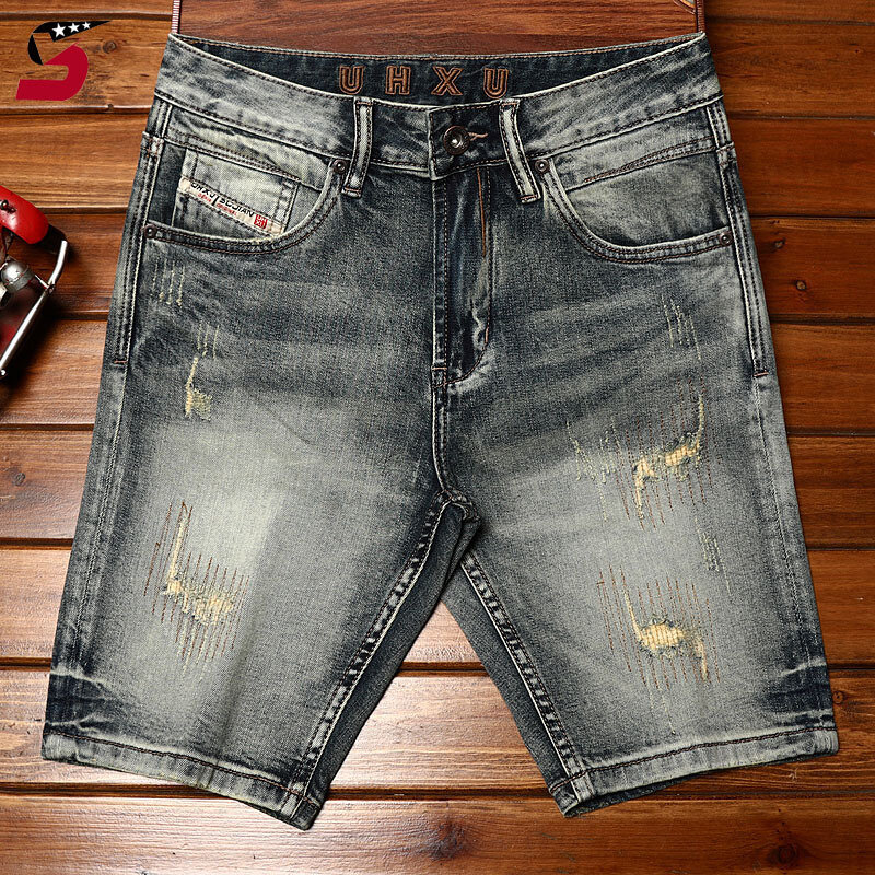 High-End Hole & Patch Trendy Denim Shorts Men's Summer Fashion Brand Stretch Washed-out Vintage Youth Casual Cropped Pants