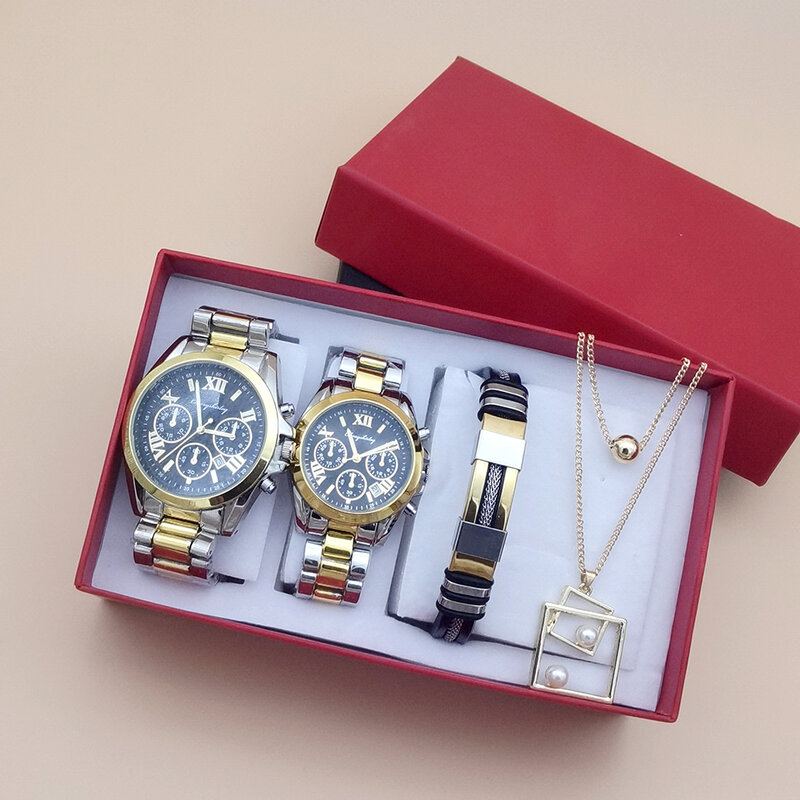 Topmerk Mode Quartz Paar Horloge Set Heren Stalen Kalender Horloge Met Heren Armbanden Dames Nackace Cadeau Voor Liefhebbers