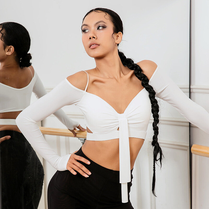 Sling Tops Latin Dance Kostuum Voor Volwassen Vrouwen Met Borst Pads Nationale Standaard Dans Lange Mouwen Oefenpak Xh151