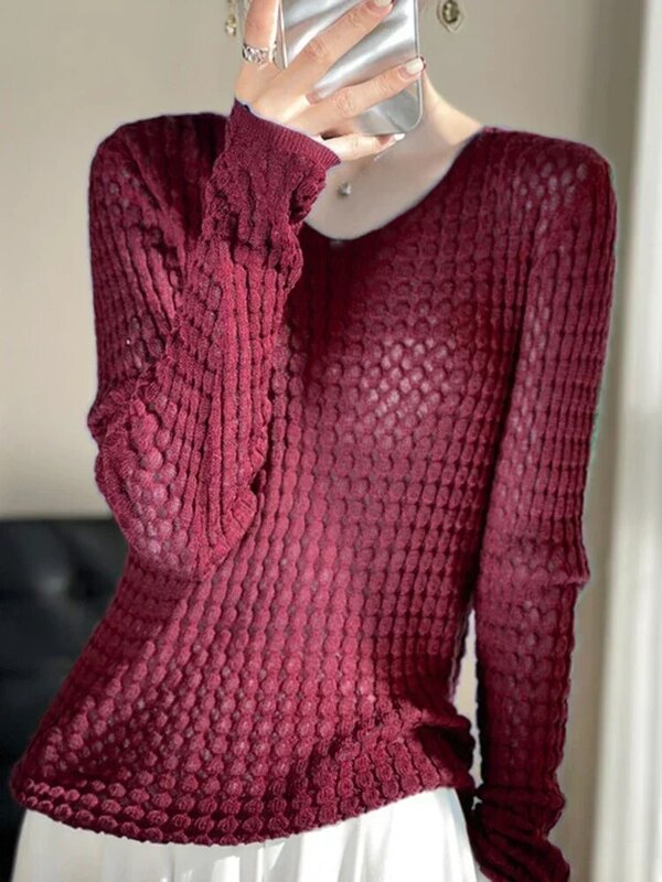 Pulôver feminino básico de manga comprida decote v, cueca tricotada, roupas de alta qualidade