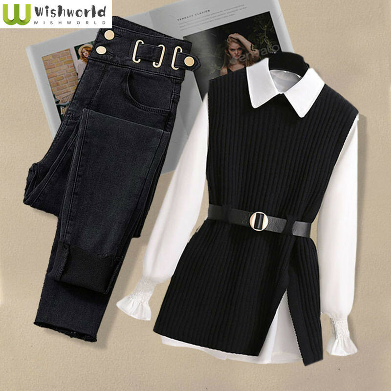 Conjunto de três peças de colete de malha e jeans fino para mulheres, camisa casual, moda coreana grande, outono e inverno, 2024, 2023