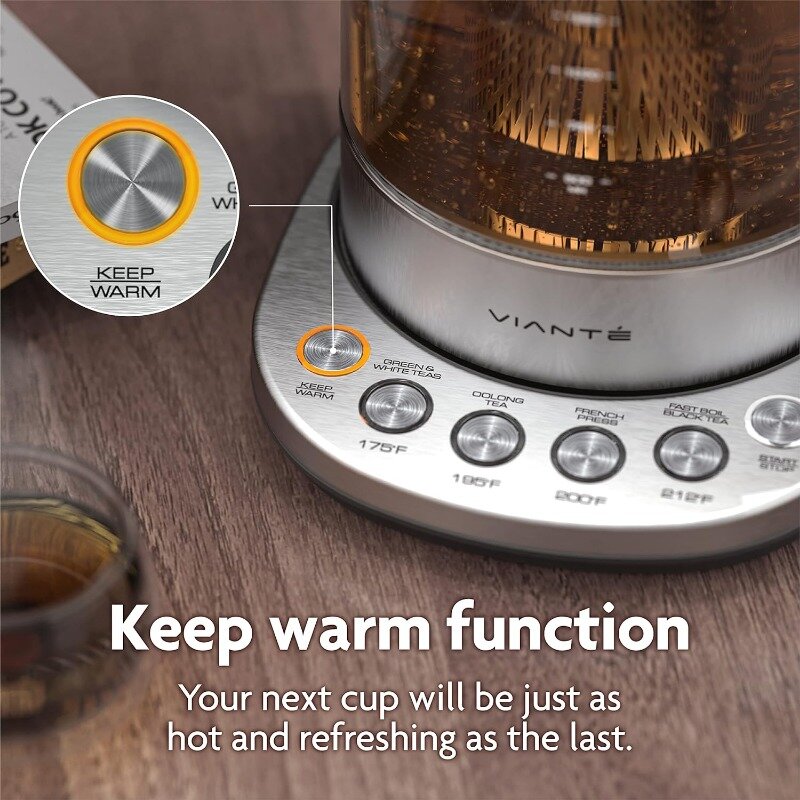 Vianté ketel kaca elektrik pembuat teh panas kapasitas 1.5 L dengan infuser teh/kopi dan kontrol suhu. Mati otomatis.