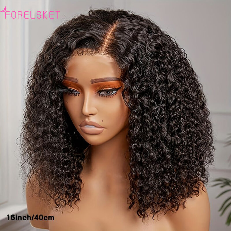 FORELSKET-Curto encaracolado brasileiro Bob peruca para mulheres, cabelo humano de onda profunda, perucas dianteiras do laço, 4x4Closure, transparente, 13x4