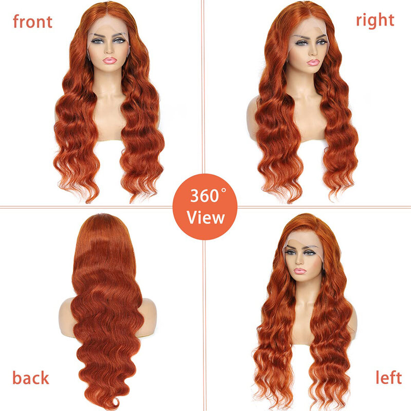 Perruque Lace Front Wig Body Wave naturelle-orange, cheveux humains, pre-plucked, avec baby hair, 13 age HD