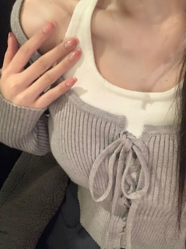 2022 inverno Chic colore puro falso due Pullover stile coreano Y2k Crop top donna Slim causale manica lunga maglione lavorato a maglia abbigliamento