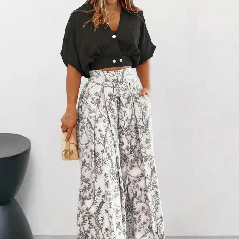 Lady Summer Clothes Stylish Women's Top Pants Set with Short Sleeves V Neck High Waist Solid Color Crop Top Wide Leg for Ladies