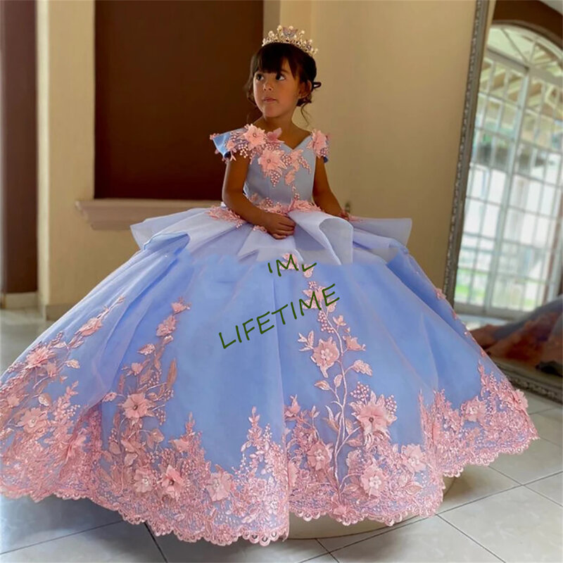2024 Luxury Blue Flower Girl Dresses For Wedding Princess Ball Gown Lace Appliques Off Shoulder V-Neck kids First Communion Gown