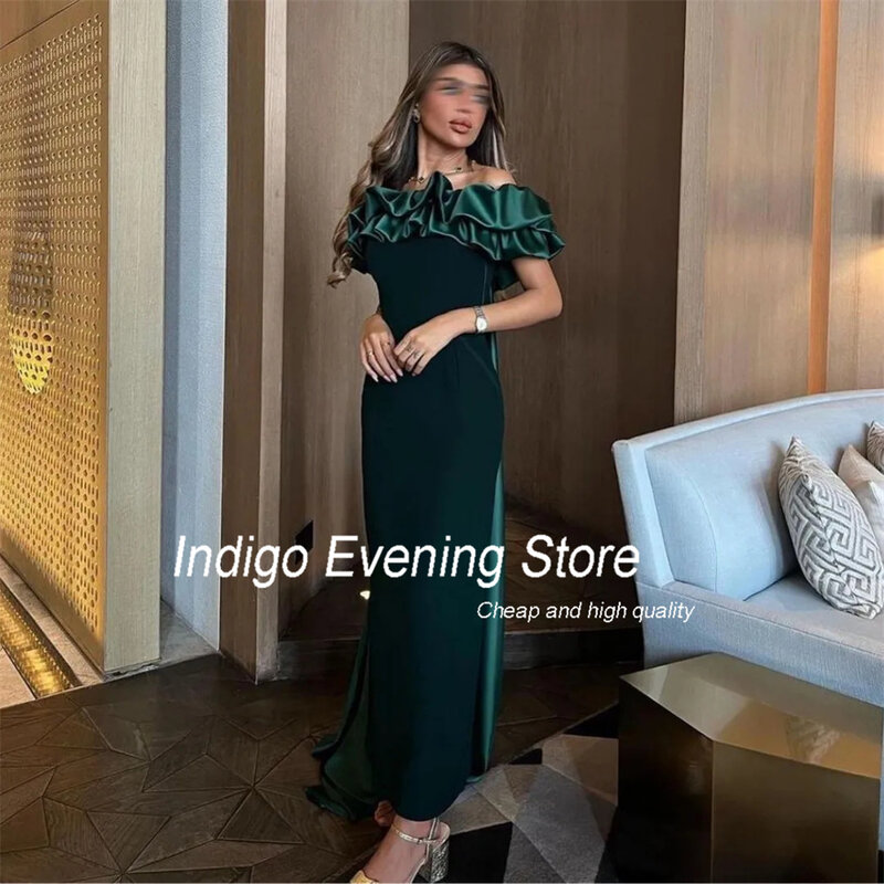 Indigo Elegant Mermiad Prom Dress Off The Shoulder Open Back Short Sleeve Pleat Ankle -Length Evening Gown Women Robes De Soirée