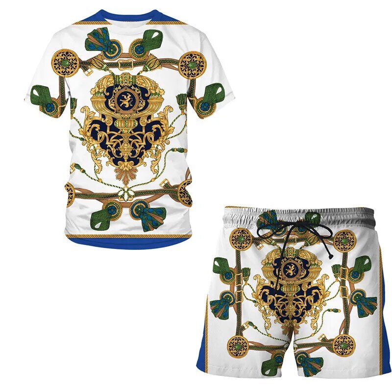 Baju jalanan gaya istana Eropa pria/wanita, kaus lengan pendek + celana pendek olahraga motif 3D musim panas