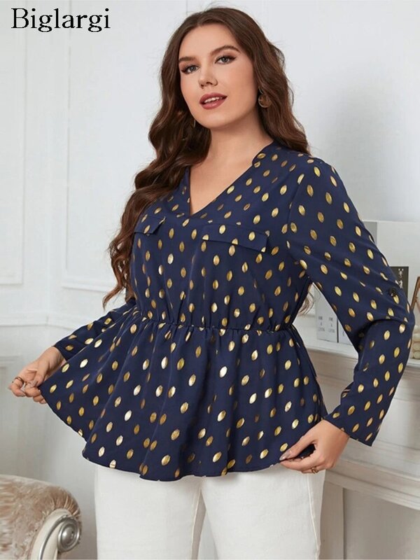Plus Size Spring Polka Dot Print Tops Women Long Sleeve Fashion Ruffle Pleated Ladies Blouses V-Neck Loose Casual Woman Tops