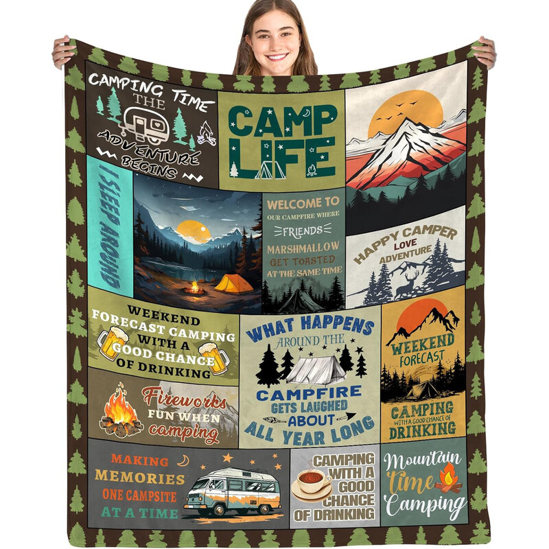 Camping enthusiast's flannel blanket customizes birthday, Christmas, and Father's Day gifts for campers outdoors