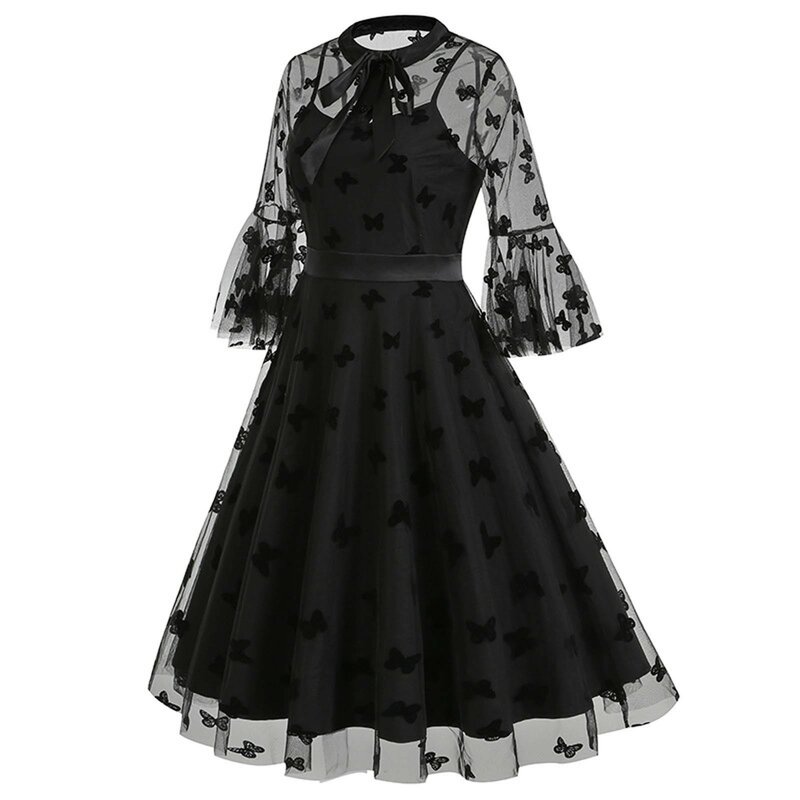 Damska sukienka koktajlowa przezroczysta siateczkowa z długim rękawem motylkowa haftowana linia marszczona czarna sukienka sukienka na formalną imprezę