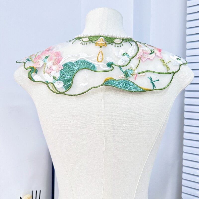 Ethnic False Collar for Women Embroidered Flower Shawl Wrap Detachable Embroidered Shrugs Capelet