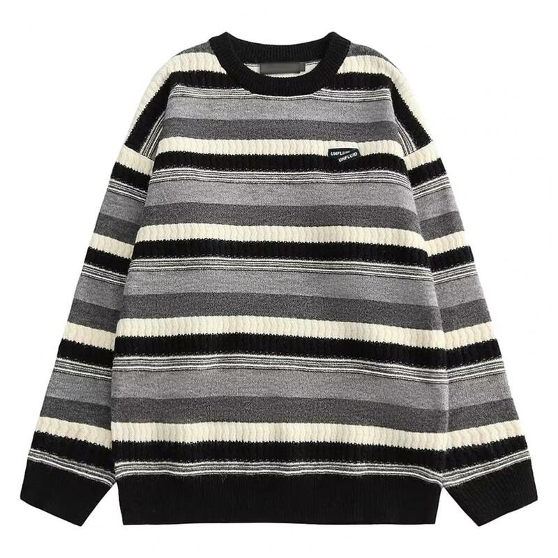 Men Round Neck Sweater Long Sleeve Pullover Men's Loose Knit Sweater with O-neck Striped Print for Autumn Winter Streetwear Lazy