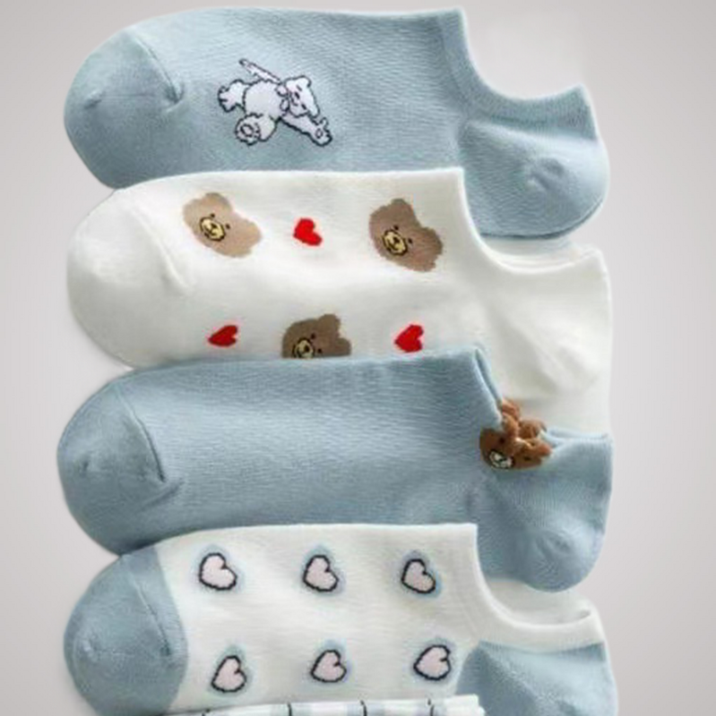 Calcetines de tubo bajo con patrón de oso y corazón para mujer, calcetín estándar, cómodo, a la moda, 5 pares, 2024