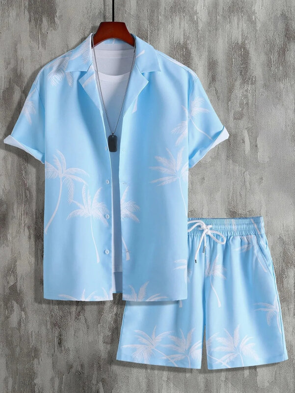 Set di camicie da uomo stampa 3d spiaggia albero di cocco Plaid risvolto manica corta camicia Casual pantaloncini da spiaggia estate Streetwear abiti hawaiani