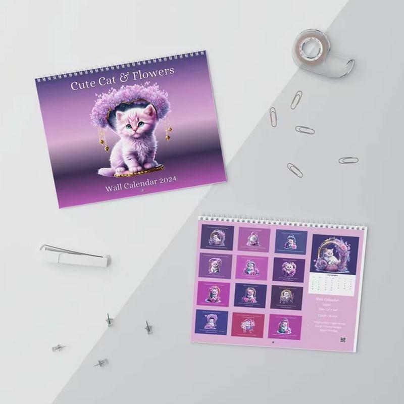 壁掛け用花付きカレンダー、かわいい猫カレンダー、月次プランナー、面白い画像付きオーガナイザー、2024