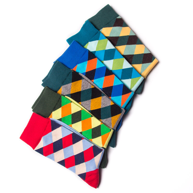 6 par/opakowanie w stylu Retro kontrastujące kolorowe skarpety męskie czesana bawełna geometryczne rombowe skarpetki męskie skarpetki biznesowe imprezowe