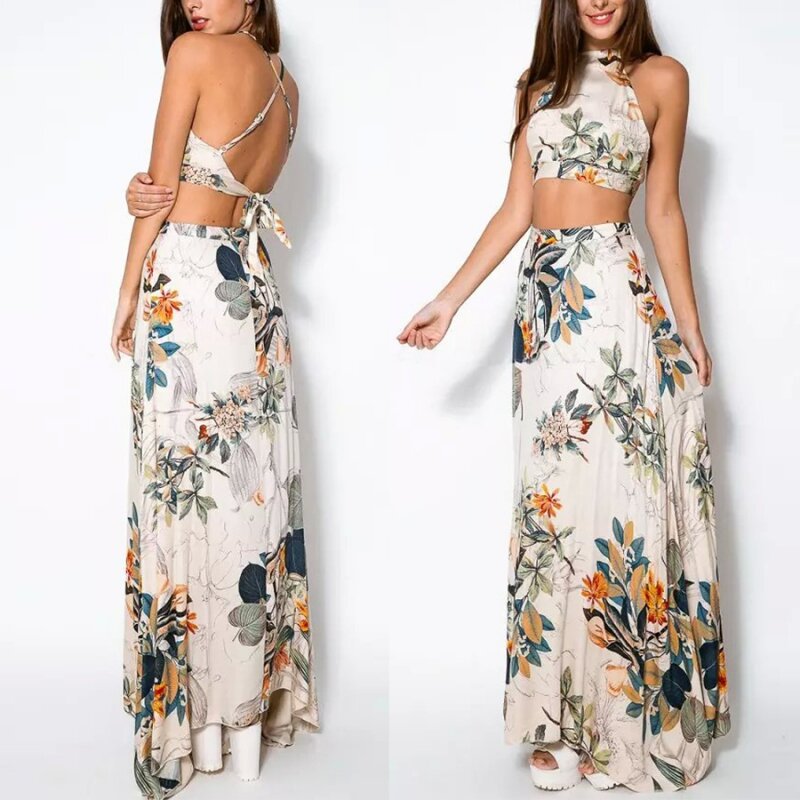 Women's  Two-Piece Set Backless Camisole Long Skirt Bohemia Style Sexy Fashion Skirt
