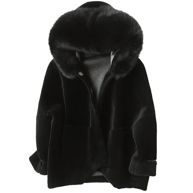 AYUNSUE 2020 Casual de oveja vaporosa abrigos de invierno abrigo Real lana mujer chaqueta de cuello de piel de zorro con capucha 17405 WYQ1164