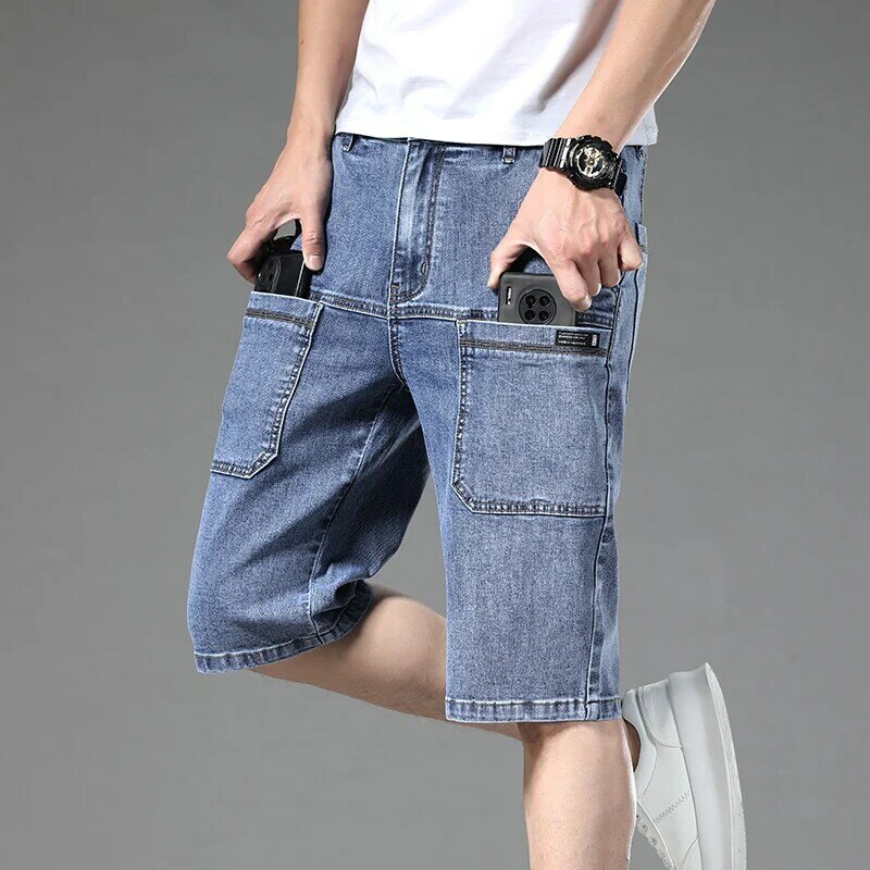 Summer Multi-pocket Thin Denim Shorts for Men Loose Straight Stretch Versatile Casual Short Jeans Male Brand Clothing