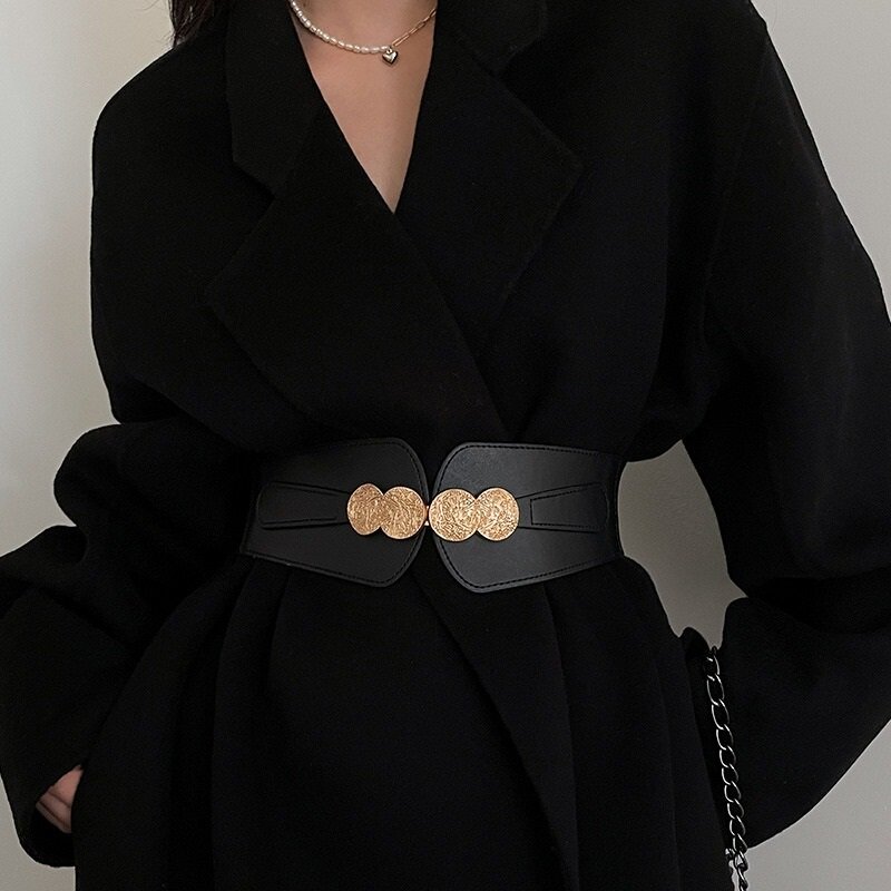 ZLY-cinturilla de cuero sintético para mujer, cinturón de lujo con hebilla de Metal dorada redonda, decoración para vestido, abrigo, 2024