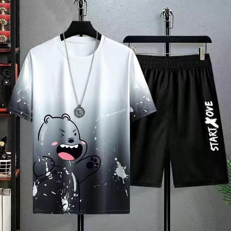 Camiseta de urso estampada masculina e shorts de perna larga, roupa casual versátil, terno de 2 peças