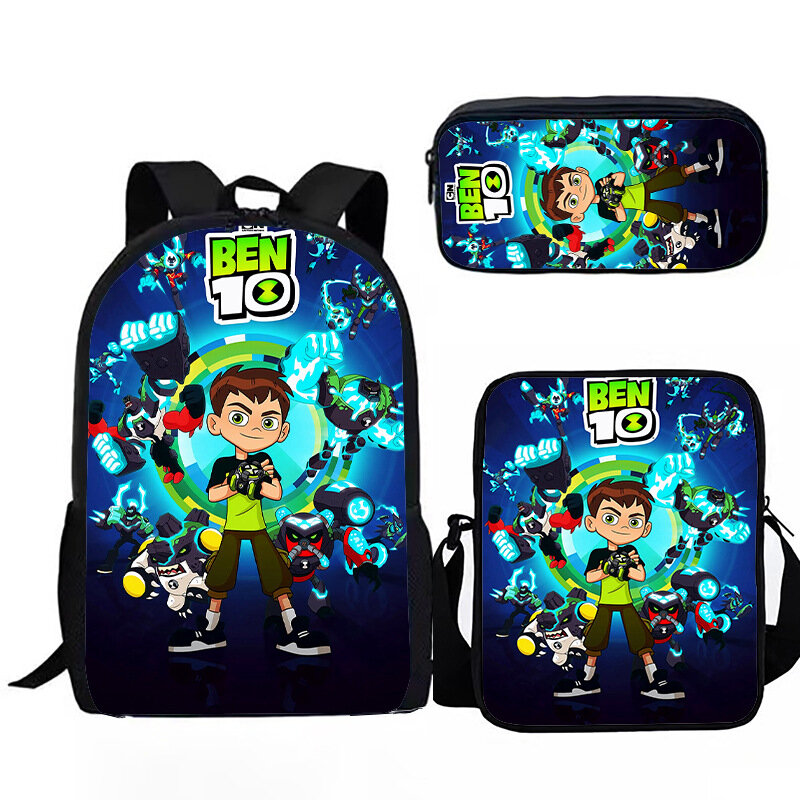 Conjunto de 3 bolsas de viaje con estampado 3D para estudiantes, mochila para portátil, bolso de hombro, estuche para lápices, Popular, juvenil, ben10