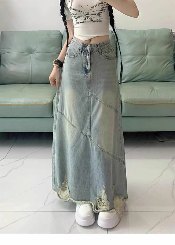 2024 Summer Haute Couture Distressed Versatile Female Spicy Girl Slimming Down Mid Length A-line Buttocks Wrapped Denim Skirt