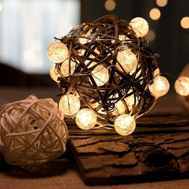 Impermeável LED String Lights, Crystal Crackle Ball, Iluminação do feriado, luzes decorativas internas e externas