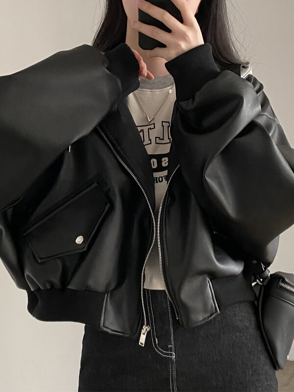 女性のためのフード付き合成皮革ジャケット,大きくてエレガント,短いアウターウェア,韓国のファッション,バイカーコート,秋