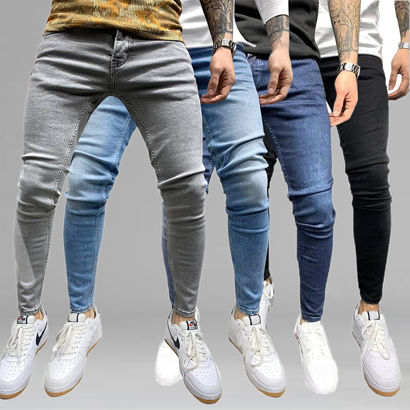 Pantalones vaqueros ajustados para hombre, ropa de calle de algodón, color negro, gris, informal, de calidad, estilo Hip Hop