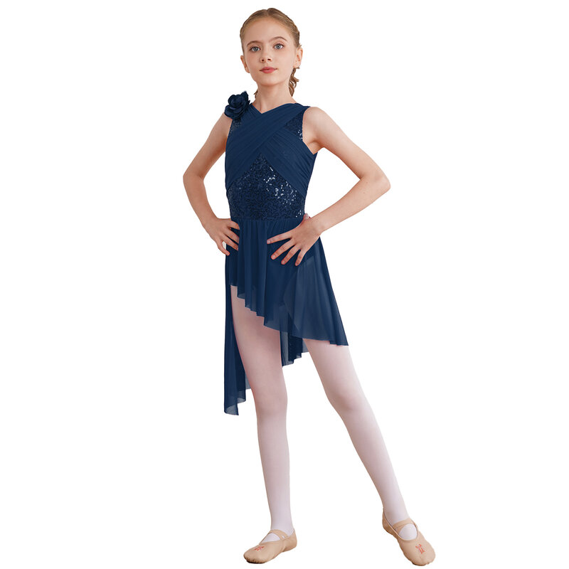 Kids Girls Shiny Sequins Lyrical Dance Dress Sheer Mesh Sleeveless Asymmetrical Skirted Leotard Dress with Removable Flower 2024