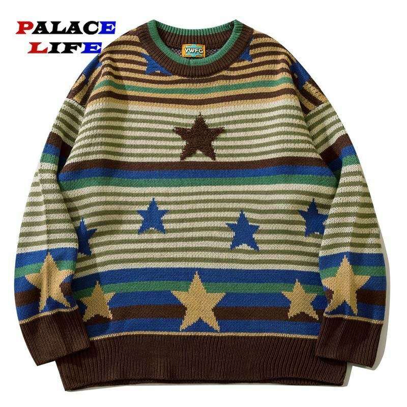 Suéter de rayas Vintage Harajuku para hombres, suéteres de punto de gran tamaño, Flocado de estrellas, ropa de calle de otoño e invierno, jerséis Unisex para parejas
