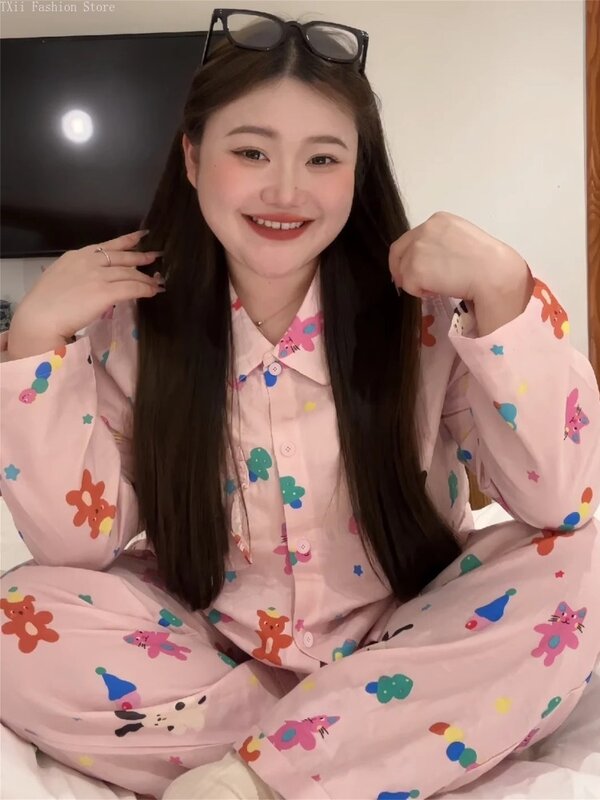 Txii-pijama de algodão de manga comprida para mulheres, tamanho grande 100kg, roupas bonitas para casa, nova primavera e outono 2020
