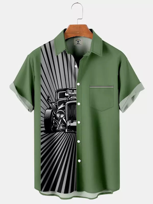 Koszule męskie vintage nadruk samochodowy hawajskie klapy casualowe męskie topy wygodne plażowe męskie koszule z krótkim rękawem 2024 w nowym stylu