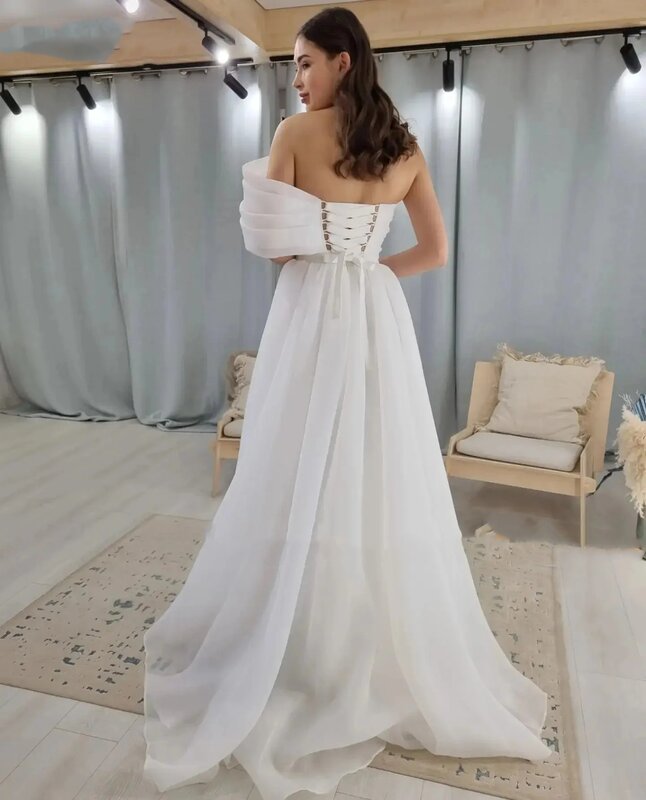Gaun pernikahan Organza satu bahu Pleat A Line jubah dewasa pengantin pantai Boho kustom untuk ukuran 2024