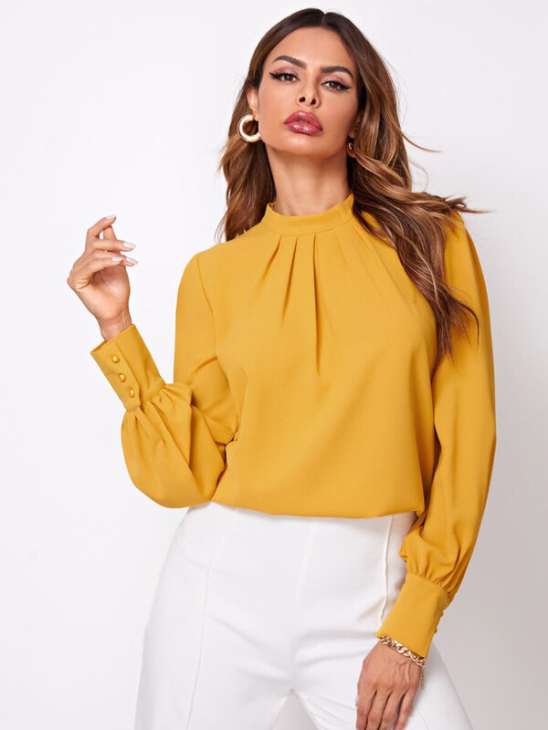 Autumn Longs Sleeve Shirt for Women Blouses Long Sleeve Stand Collar Solid Color Shirts Office Lady Tops Pullover Autumn 2023