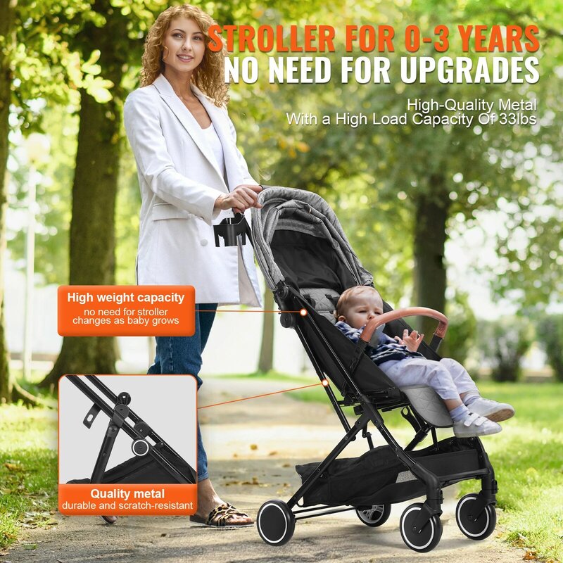 Стандартная детская коляска VEVOR, прогулочная коляска для малышей с регулируемой спинкой на 95-175 ° и регулируемой подставкой для ног на 0/90 °, складывается одним нажатием