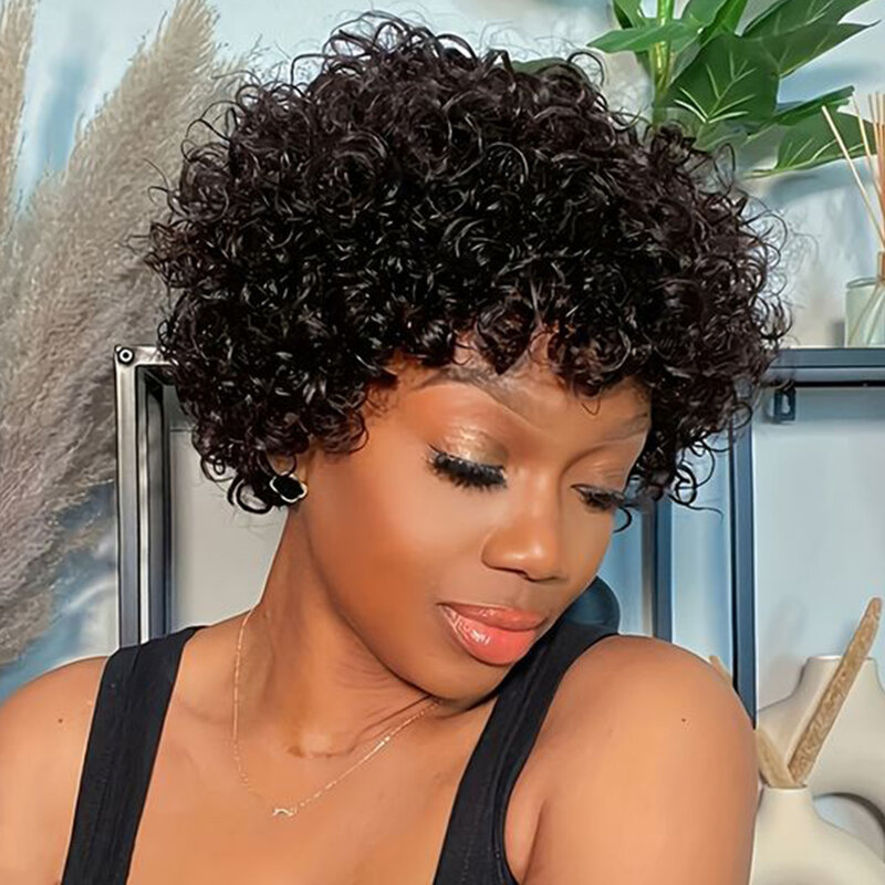 Sleek Short Afro Curly Bob Human Hair Wigs With Bangs For Women Brazilian Remy Hair Wear and Go Natural Color Kinky Curly Wigs