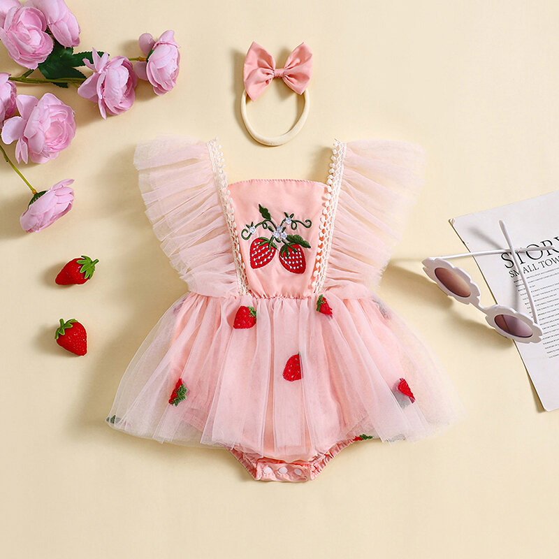 Baby Mädchen Stram pler Kleid fliegende Ärmel Tüll Kleid Erdbeer Stickerei Tutu Rock mit Stirnband niedlichen Sommerkleid ung