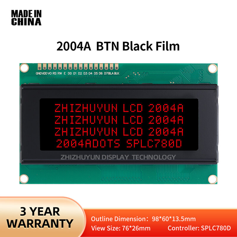 شاشة عرض LCD وحدة عرض شخصية ، فيلم أسود BTN ، خط أحمر ، 5 فولت ، 2004A ، توريد مباشر من المصنع